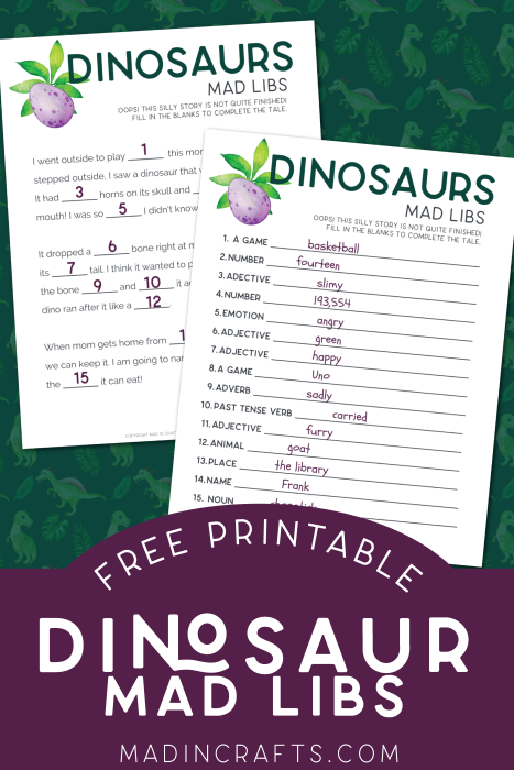 dinosaur mad lib printables on a green background