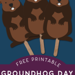 three printable groundhog puppets on a blue background