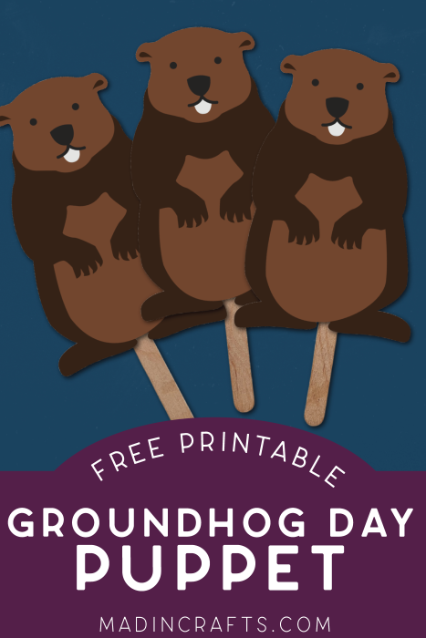 three printable groundhog puppets on a blue background