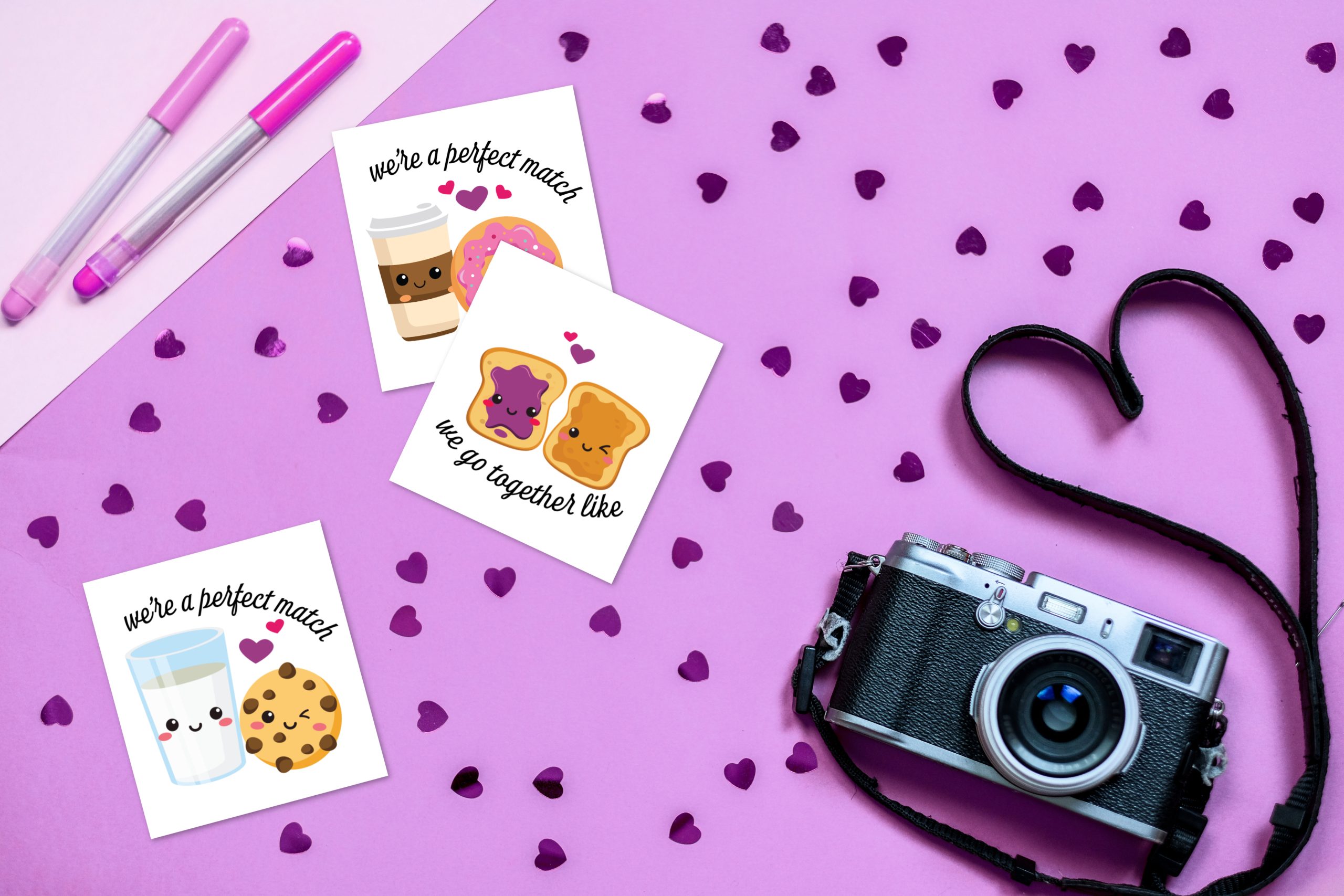 printable perfect match valentines near a camera onn a purple background