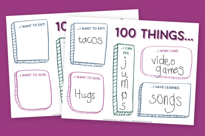 two 100th Day of school worksheets on a purple background