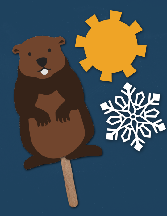 Punxsutawney Phil puppet next to a sun and a snowflake