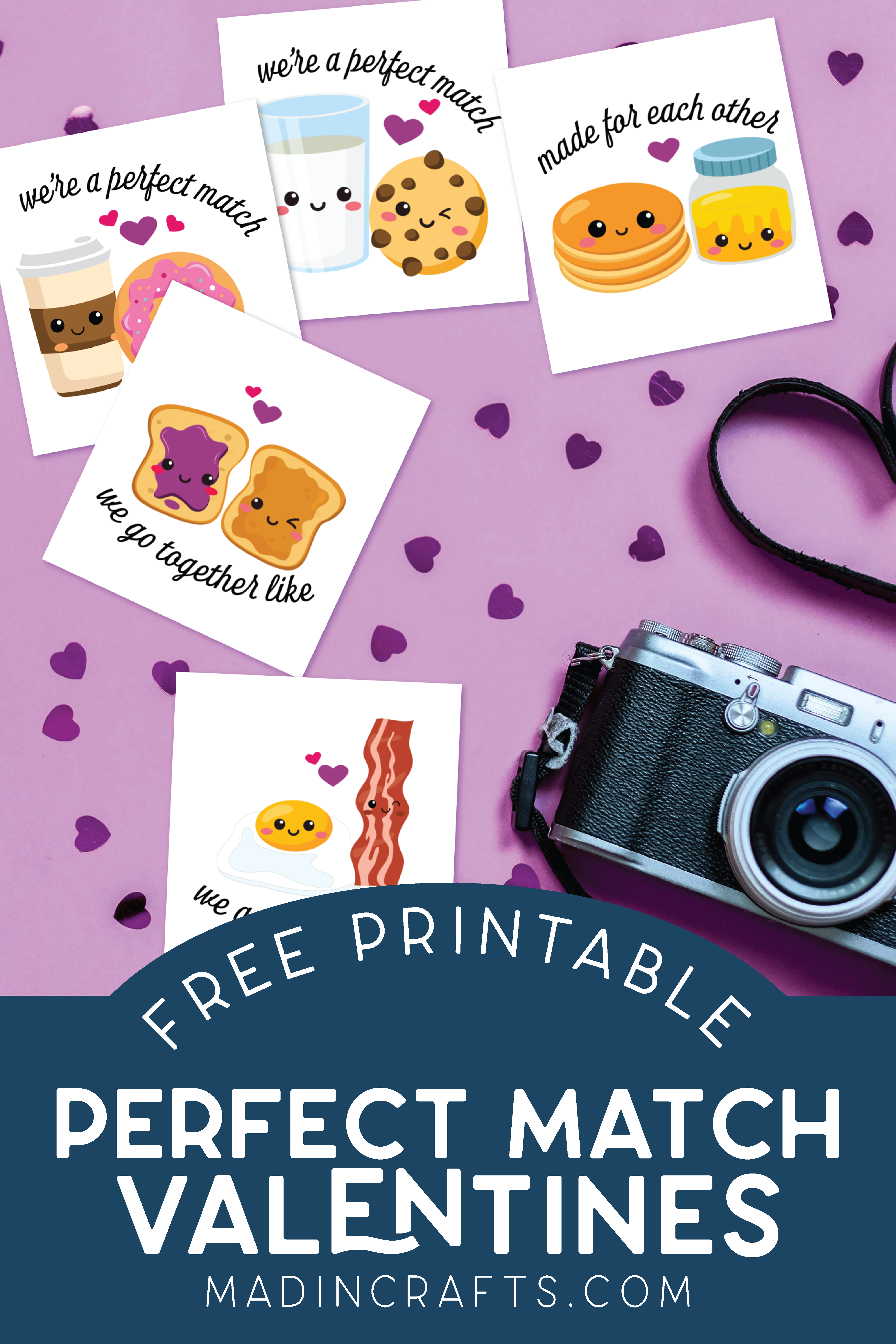 printable perfect match valentines near a camera on a purple background