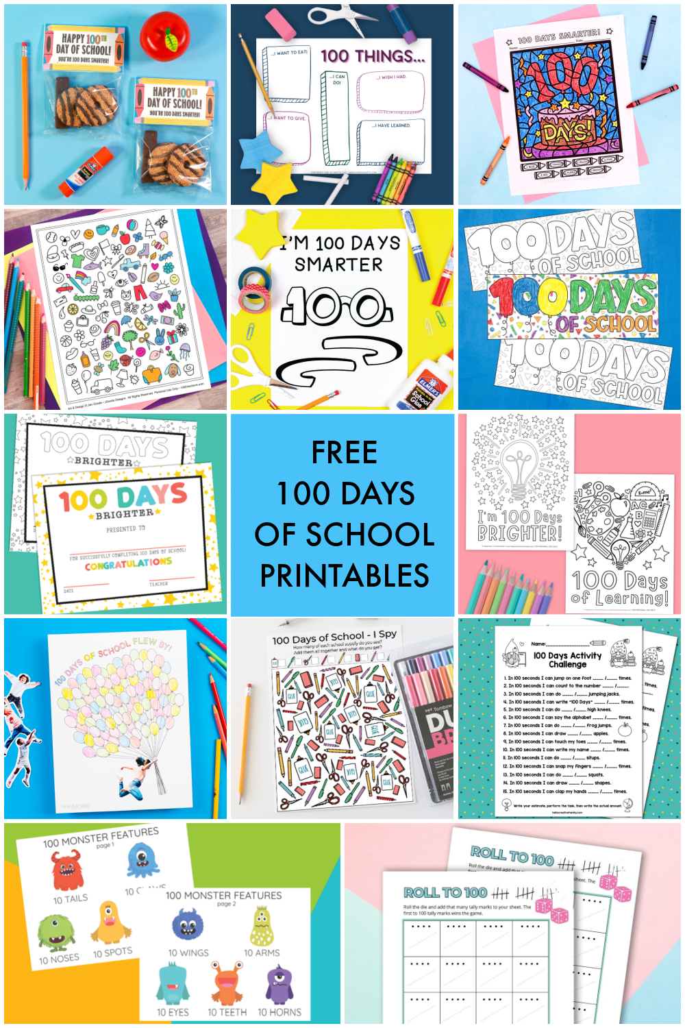 collage of free 100th Day of School printables