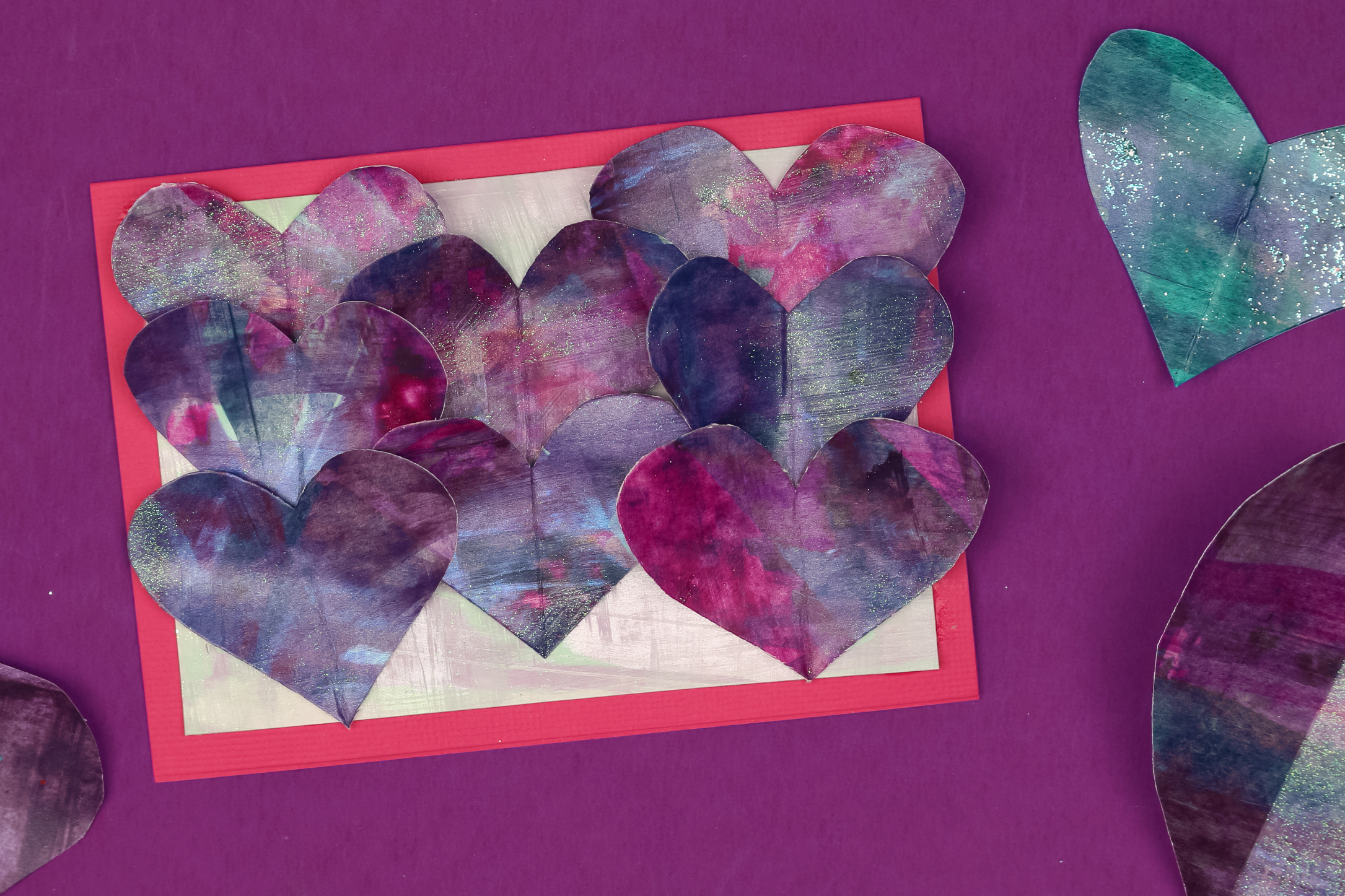 valentine card made with painted paper hearts