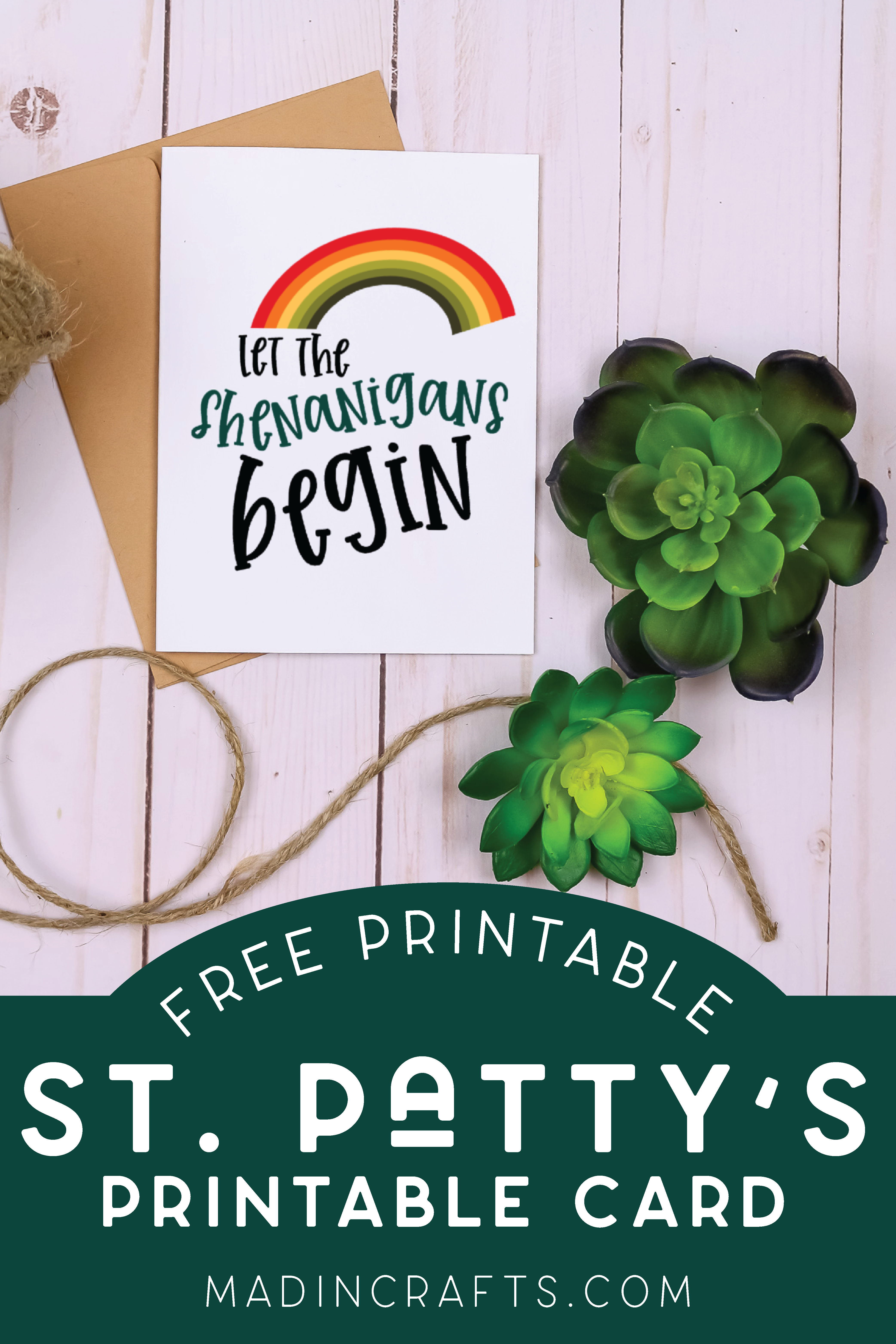 St. Patrick's Day card near faux succulents and twine