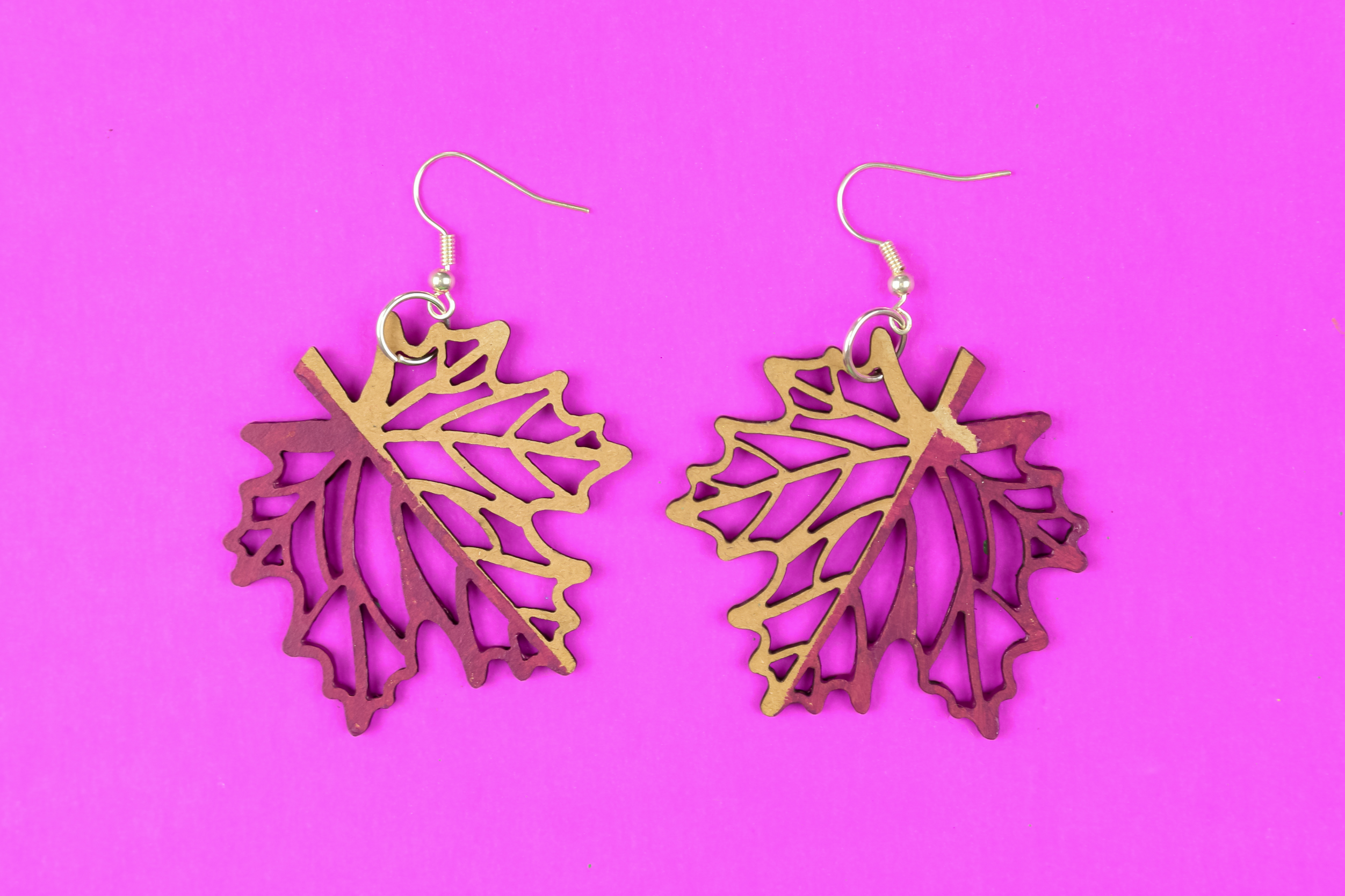 purple and wood leaf earrings