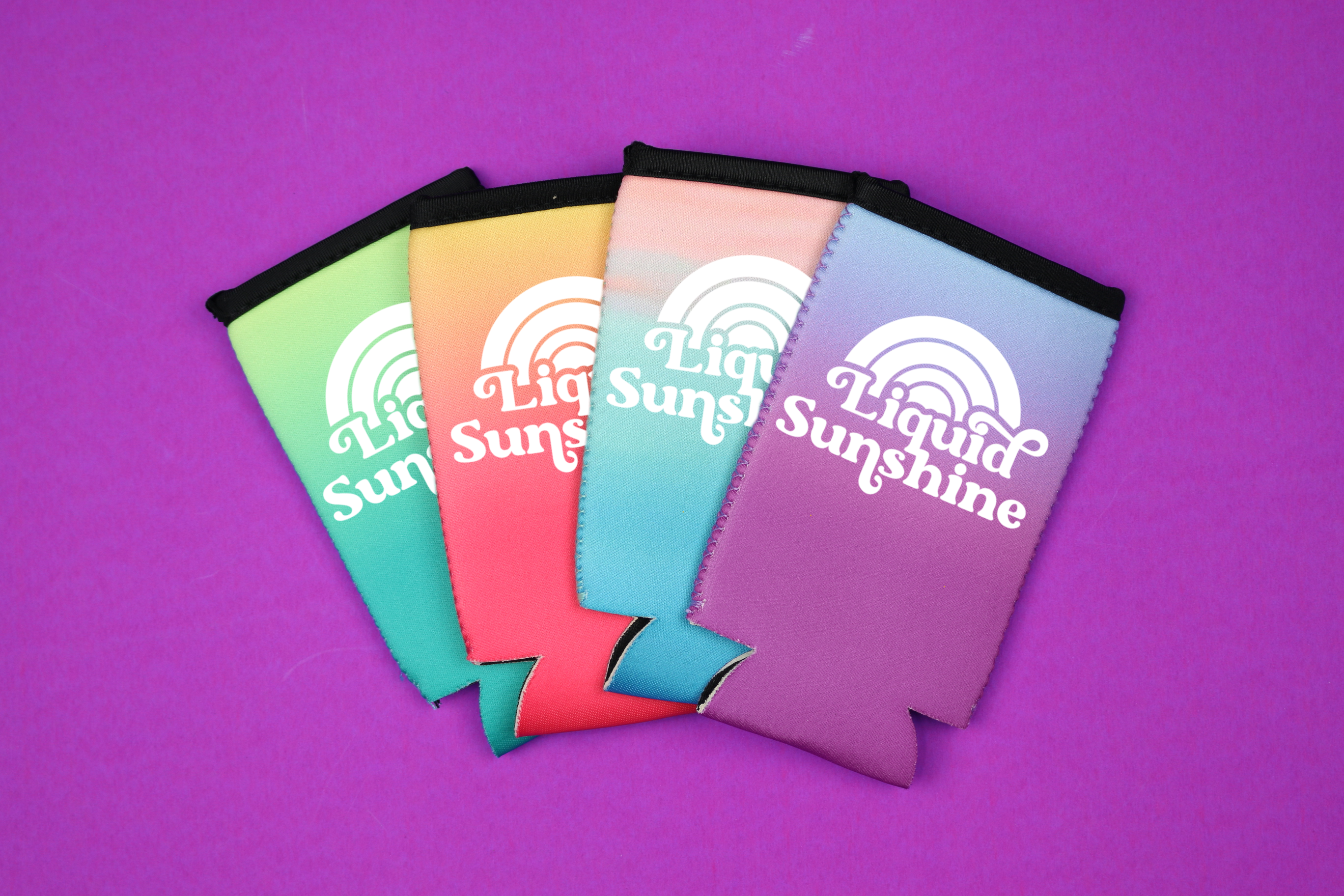 four colorful koozies with Liquid Sunshine SVG design on them