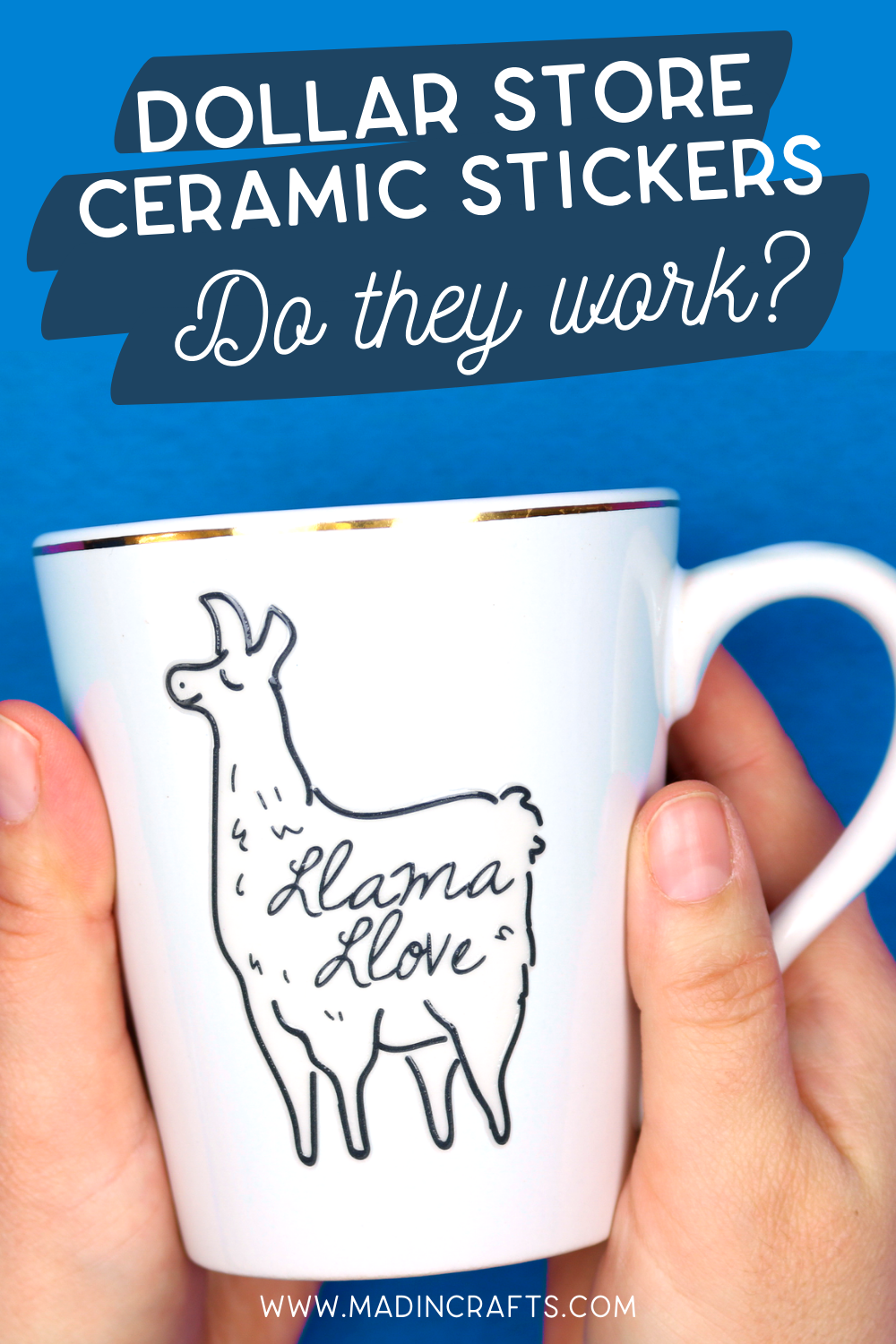 hands holding llama mug made with dollar store ceramic stickers