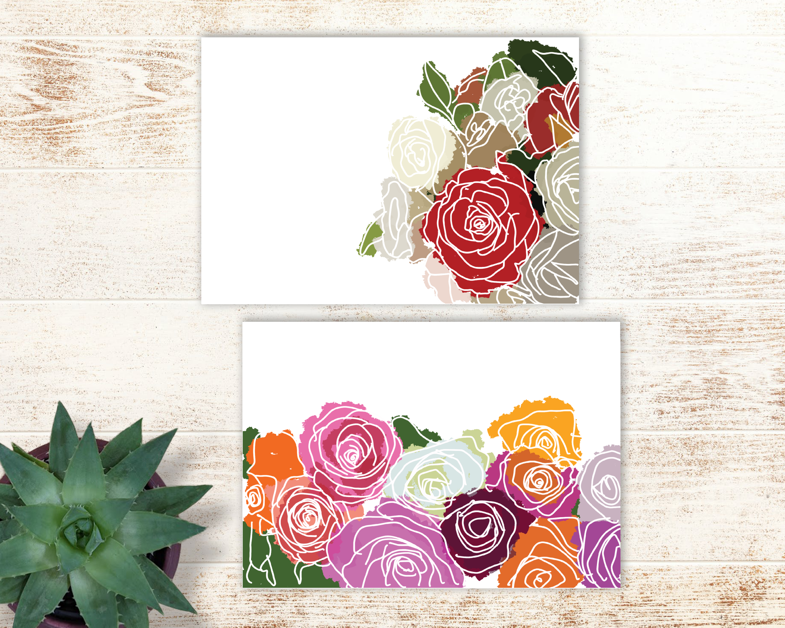 two printable flower cards near a succulent
