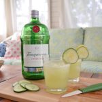 cucumber lime gin and tonic cocktails on a sunroom table