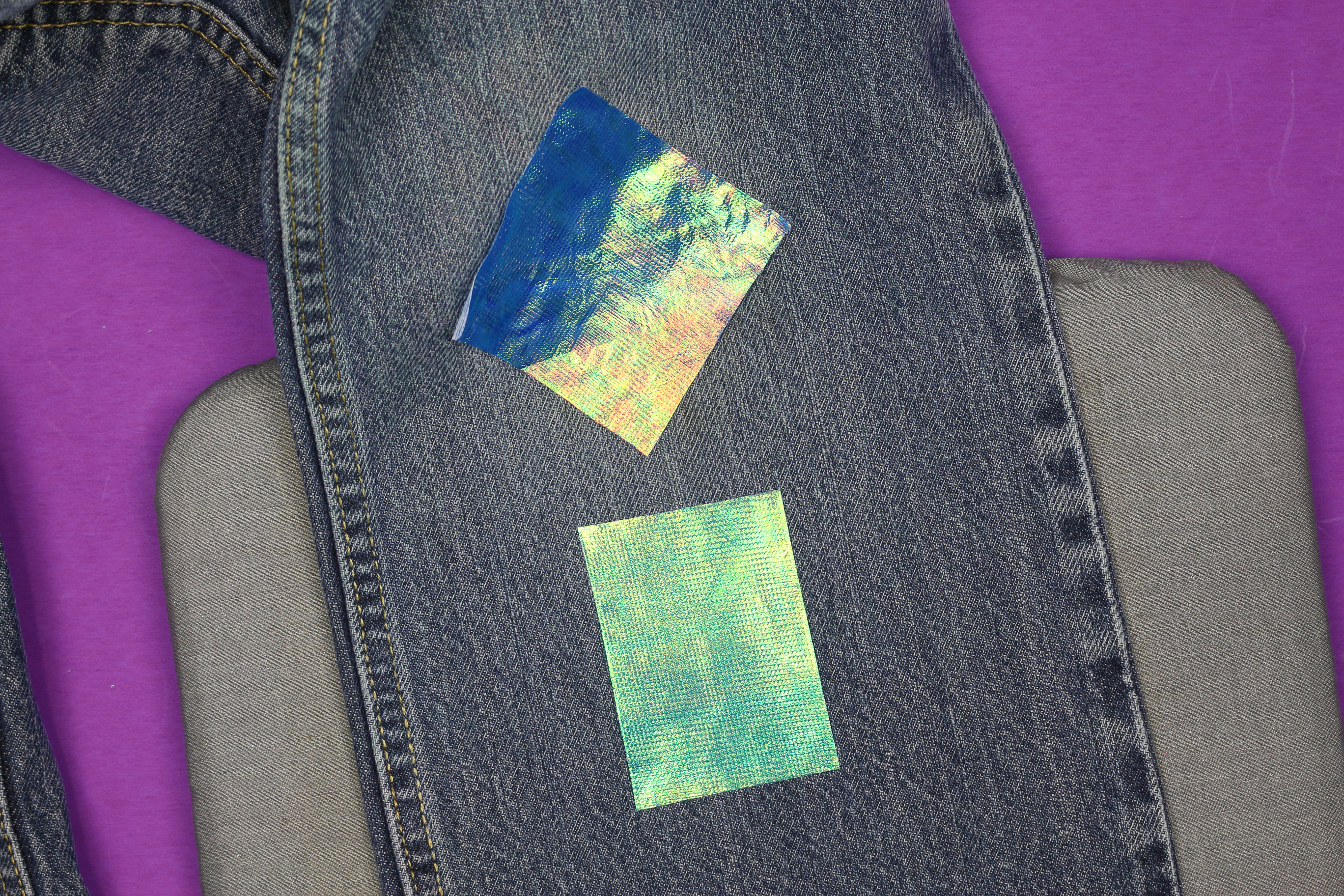iridescent patches on jeans