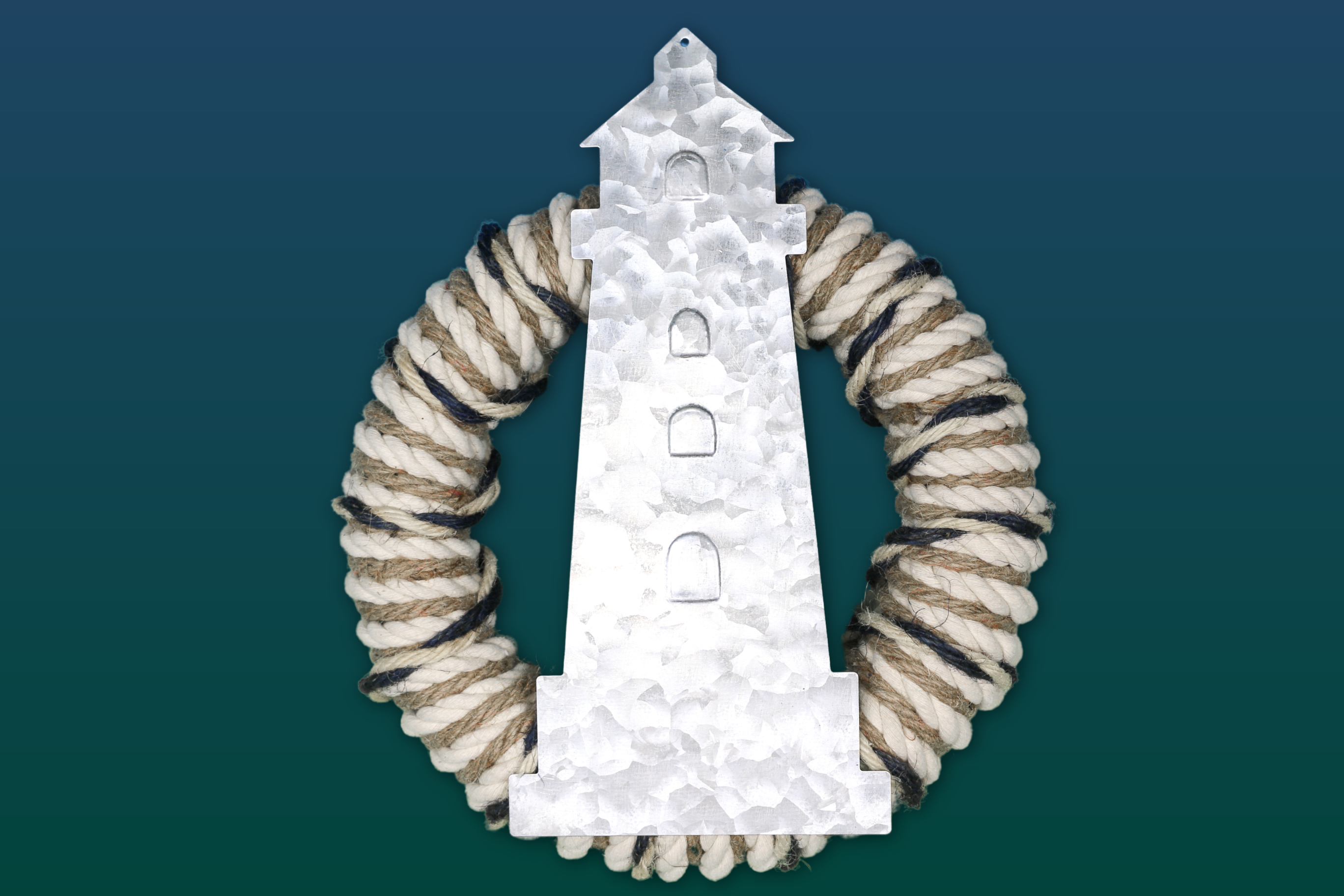 galvanized lighthouse shaped on a rope wrapped wreath