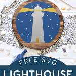 vinyl lighthouse design on a wooden circle sign styled on a fishing net