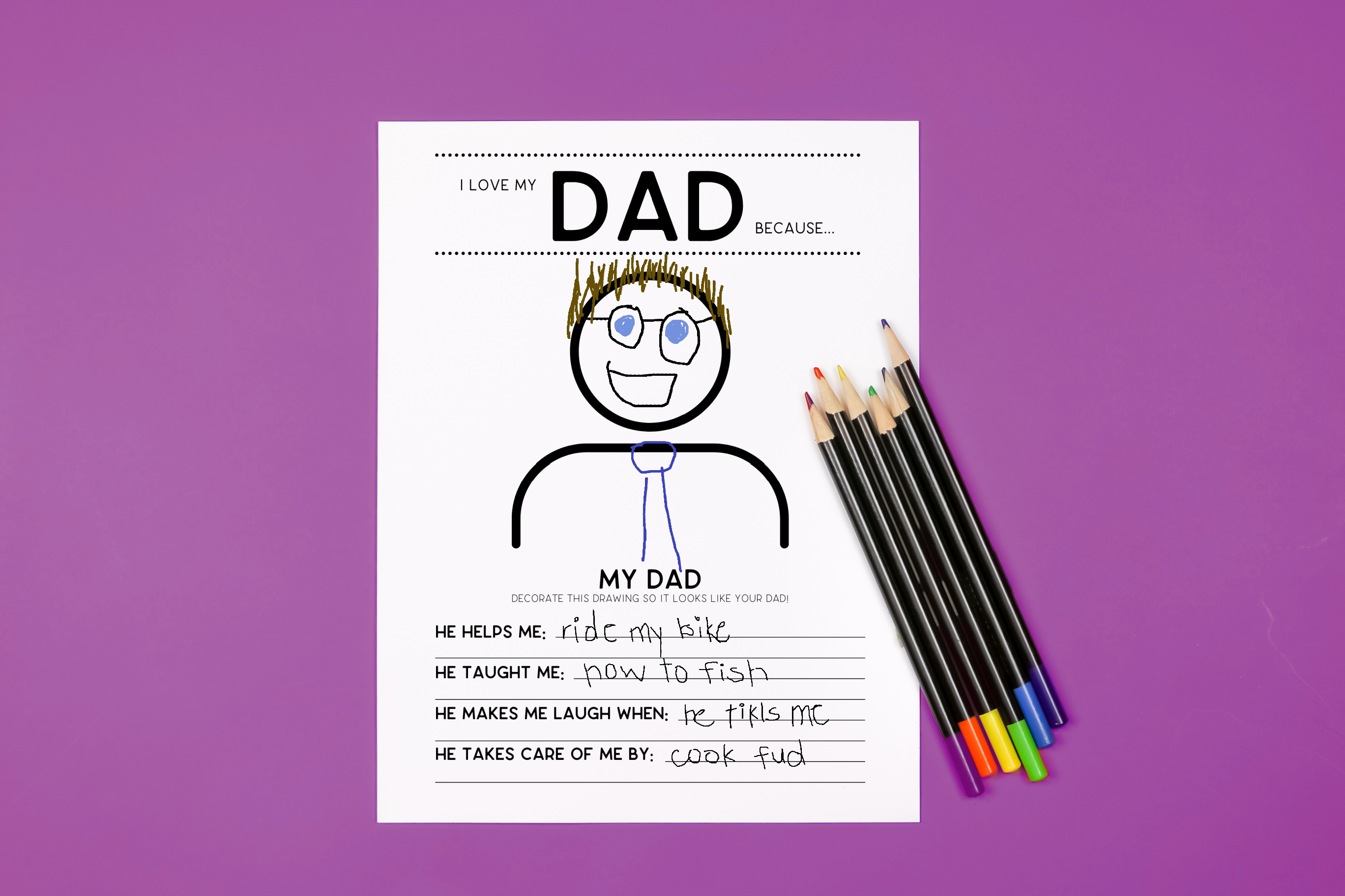 Filled out I Love my Dad Printable on a purple background