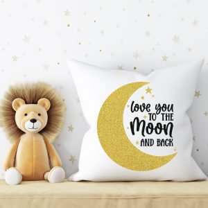 stuffed lion and pillow with love you to the moon and back design