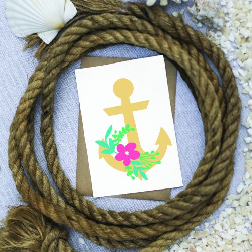 card with floral anchor design surrounded by nautical rope
