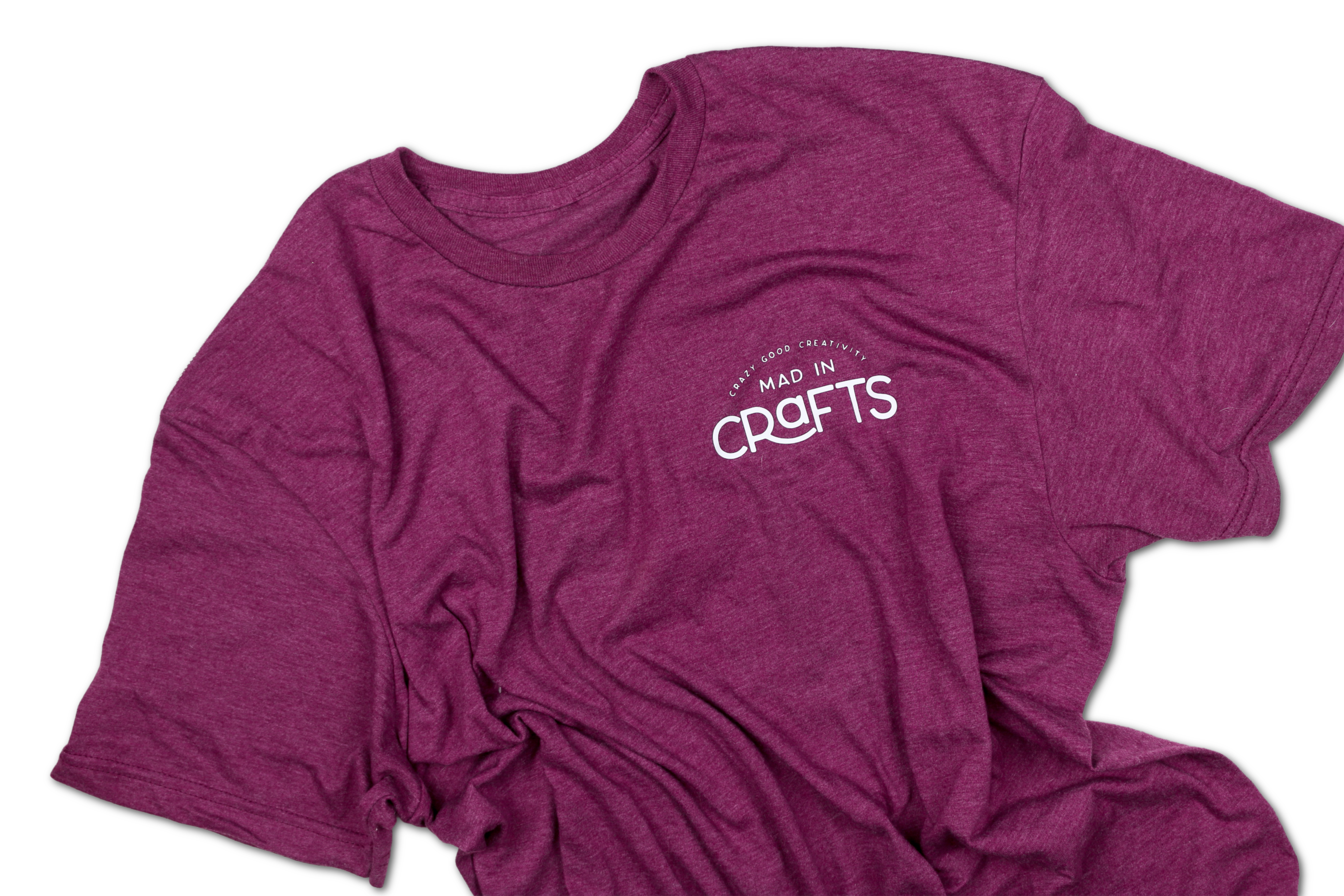 berry colored shirt with Mad in Crafts logo in vinyl