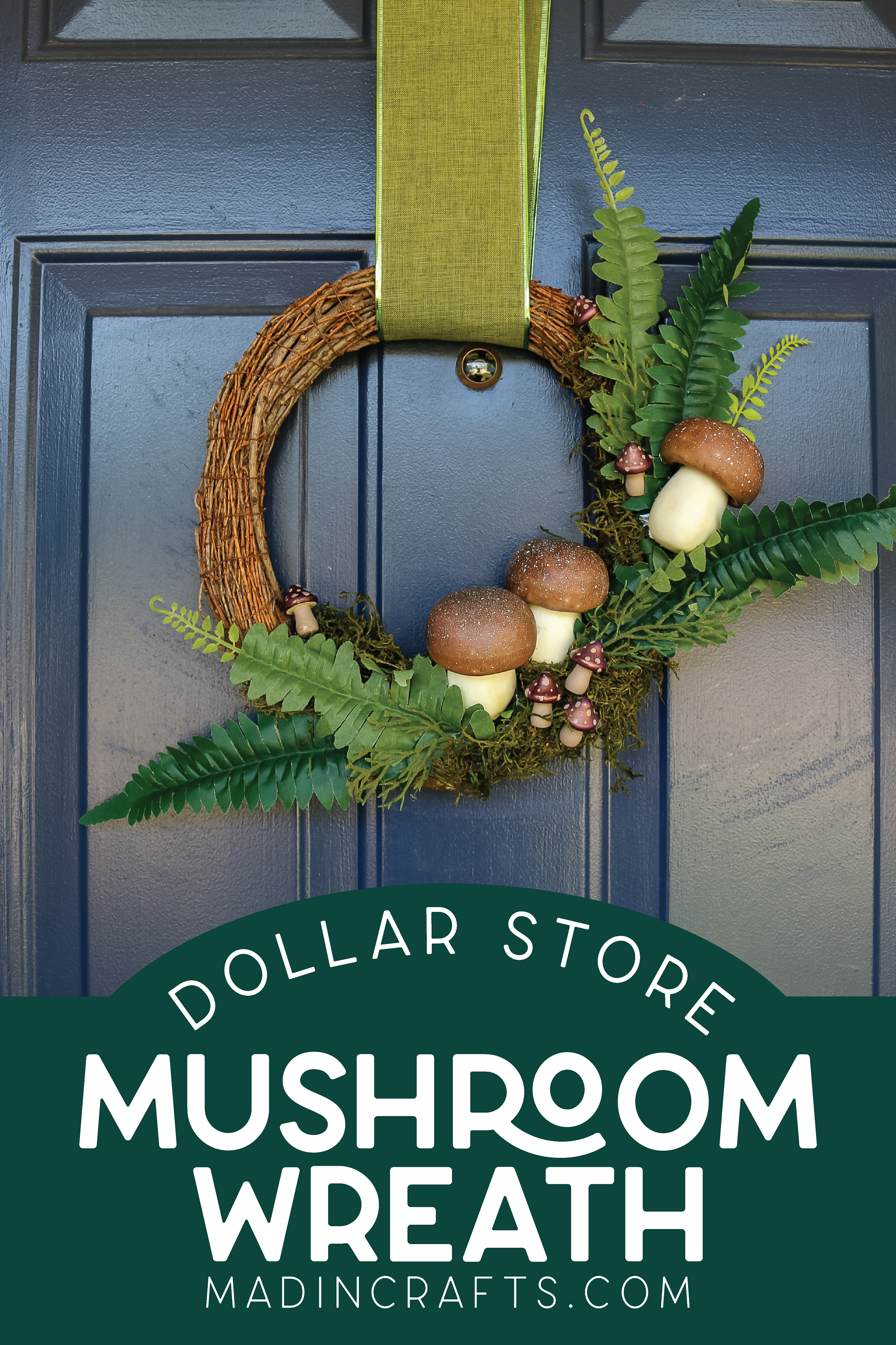 Rustic wreath decorated with mushrooms on a blue door