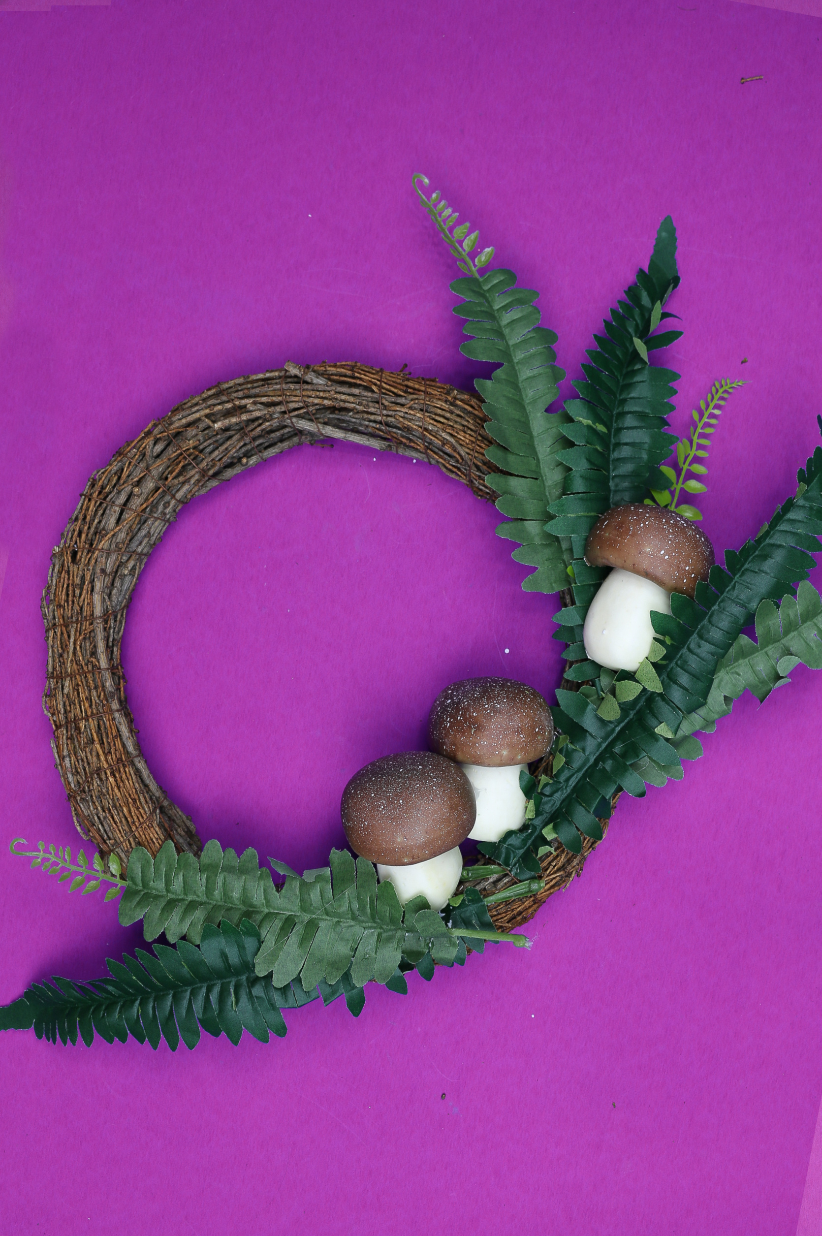 grapeview wreath decorated with faux ferns and faux mushrooms
