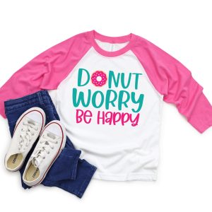 pink and white baseball style shirt with Donut Worry Be Happy SVG