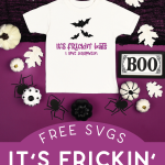 It's Frickin Bats SVG design on a t-shirt near Halloween decor on a purple background