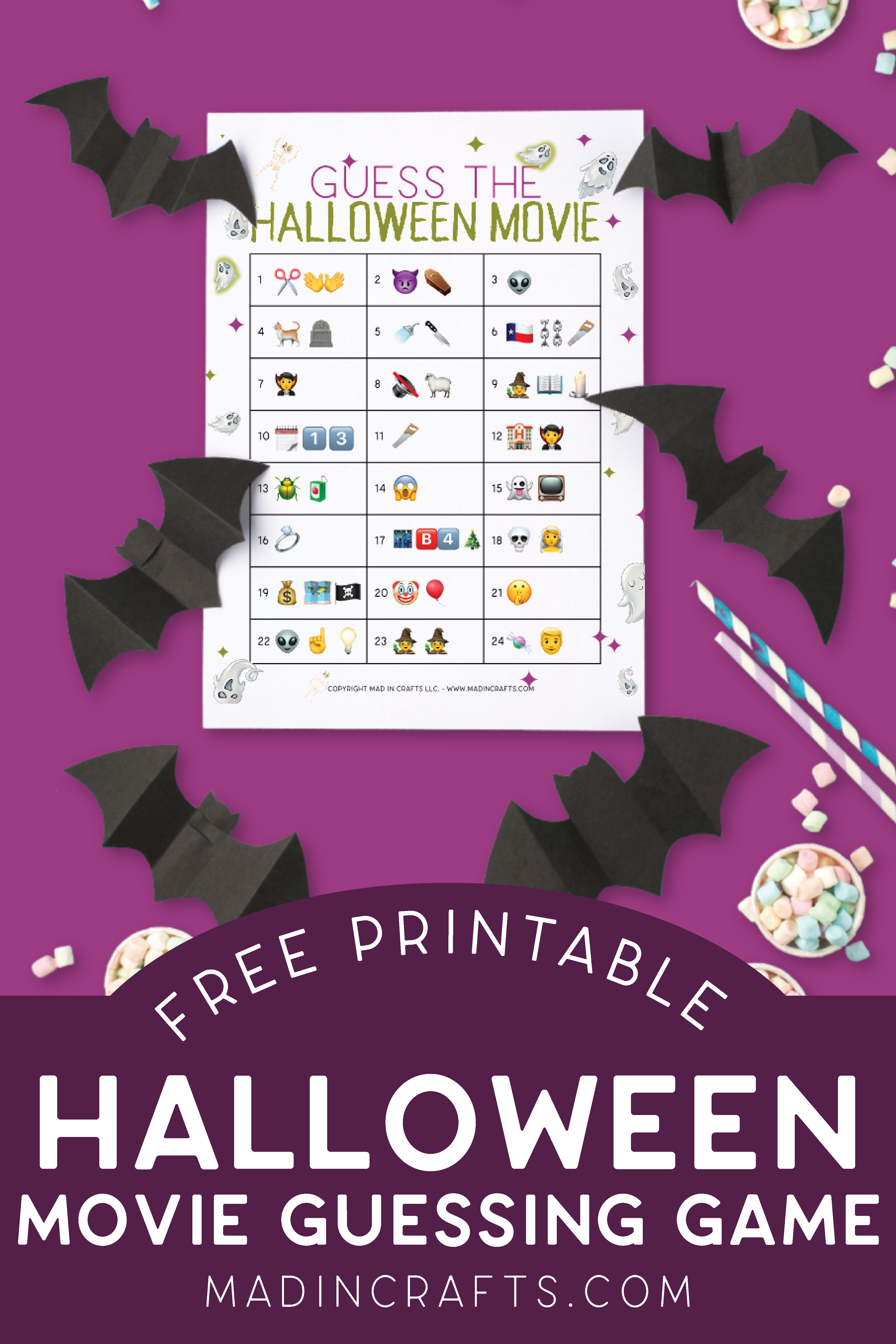 printable halloween movie emoji guessing game surrounded by paper bats and candy on a purple background