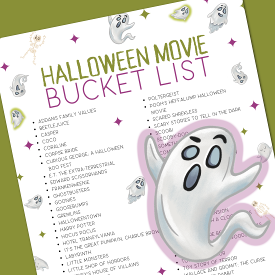 infographic of a list of halloween movies for kids on a green background