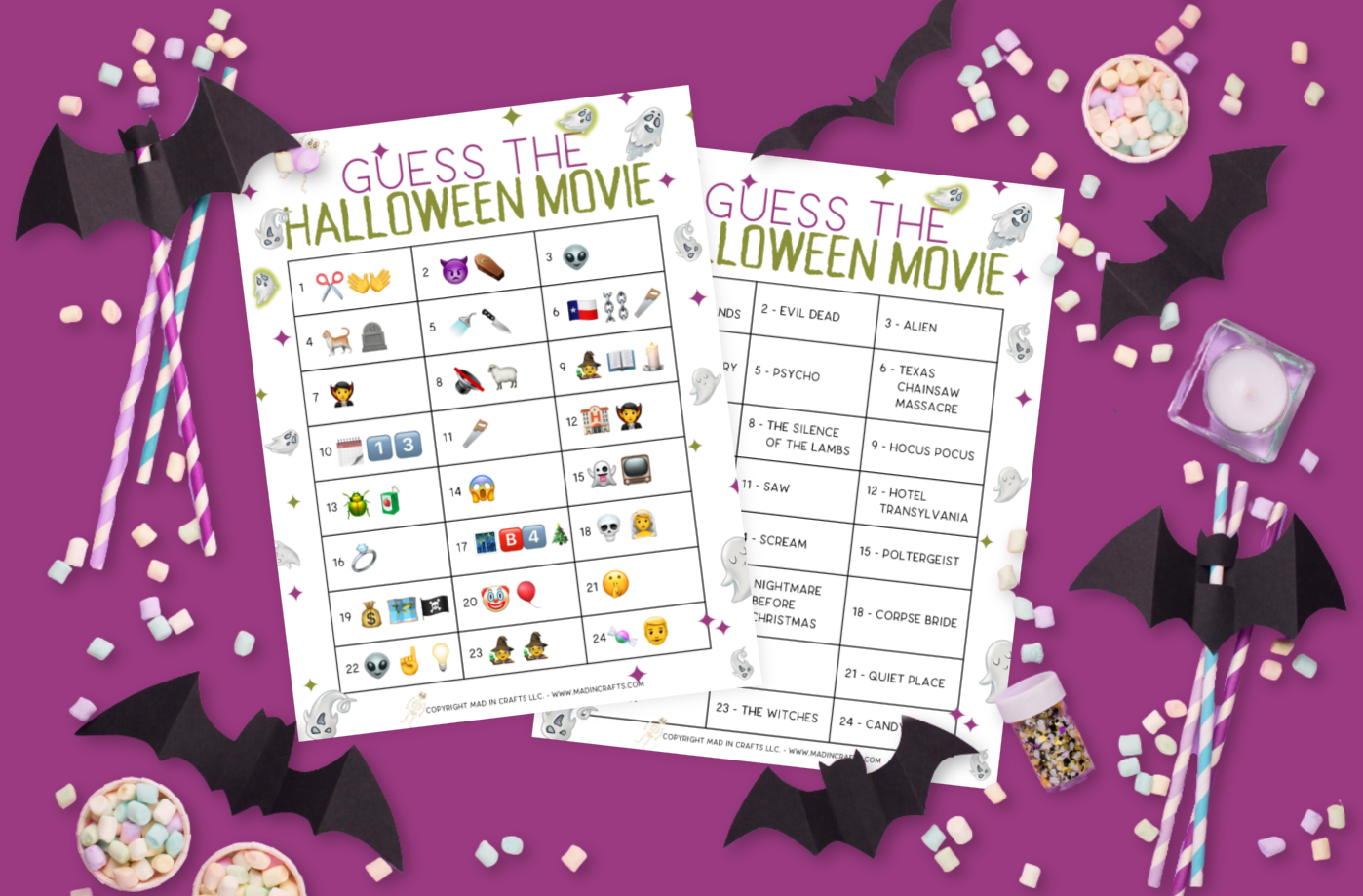 printable halloween movie emoji guessing game and answer keysurrounded by paper bats and candy on a purple background