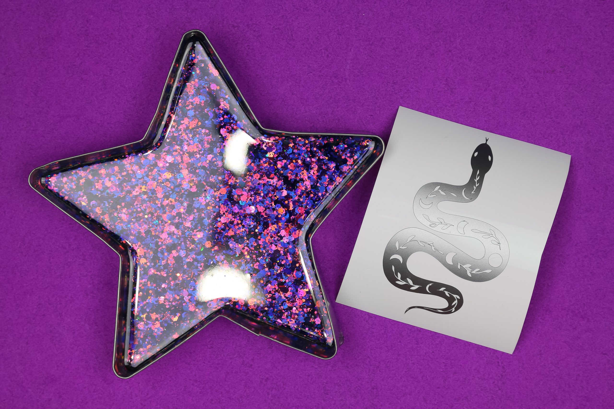 metal star tray filled with glitter resin near a snake cut from silver vinyl