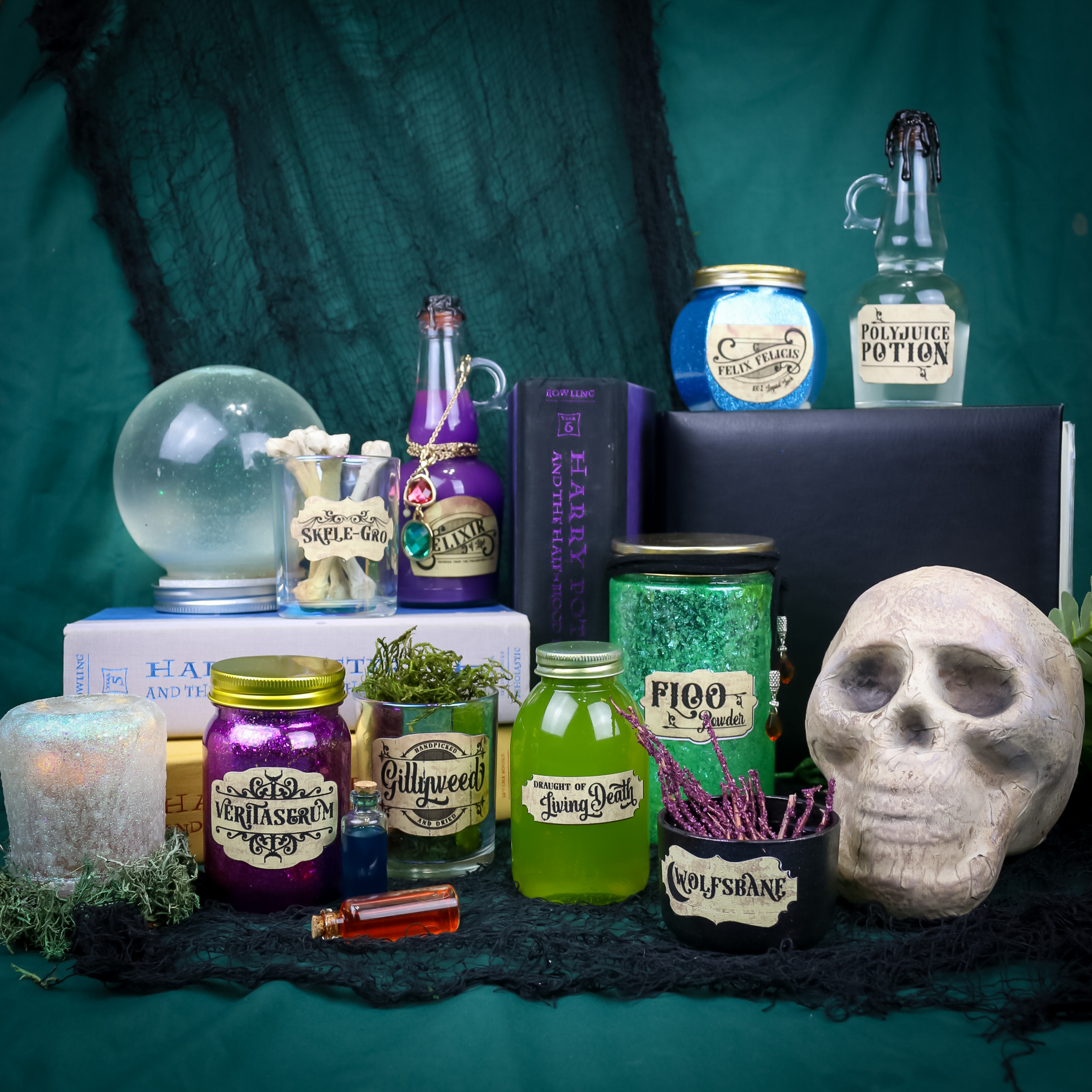 Harry Potter potion labels in a display with magical items