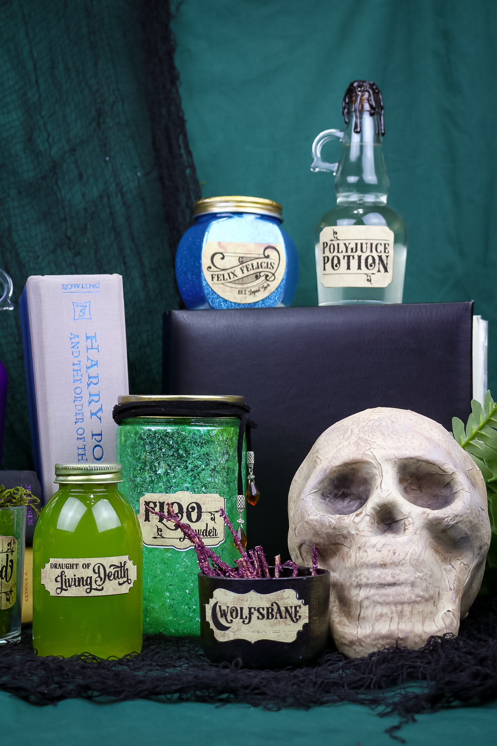 skull, books, and Harry Potter potion bottles