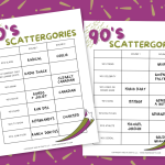 Two printable scattergory game sheets on a purple background