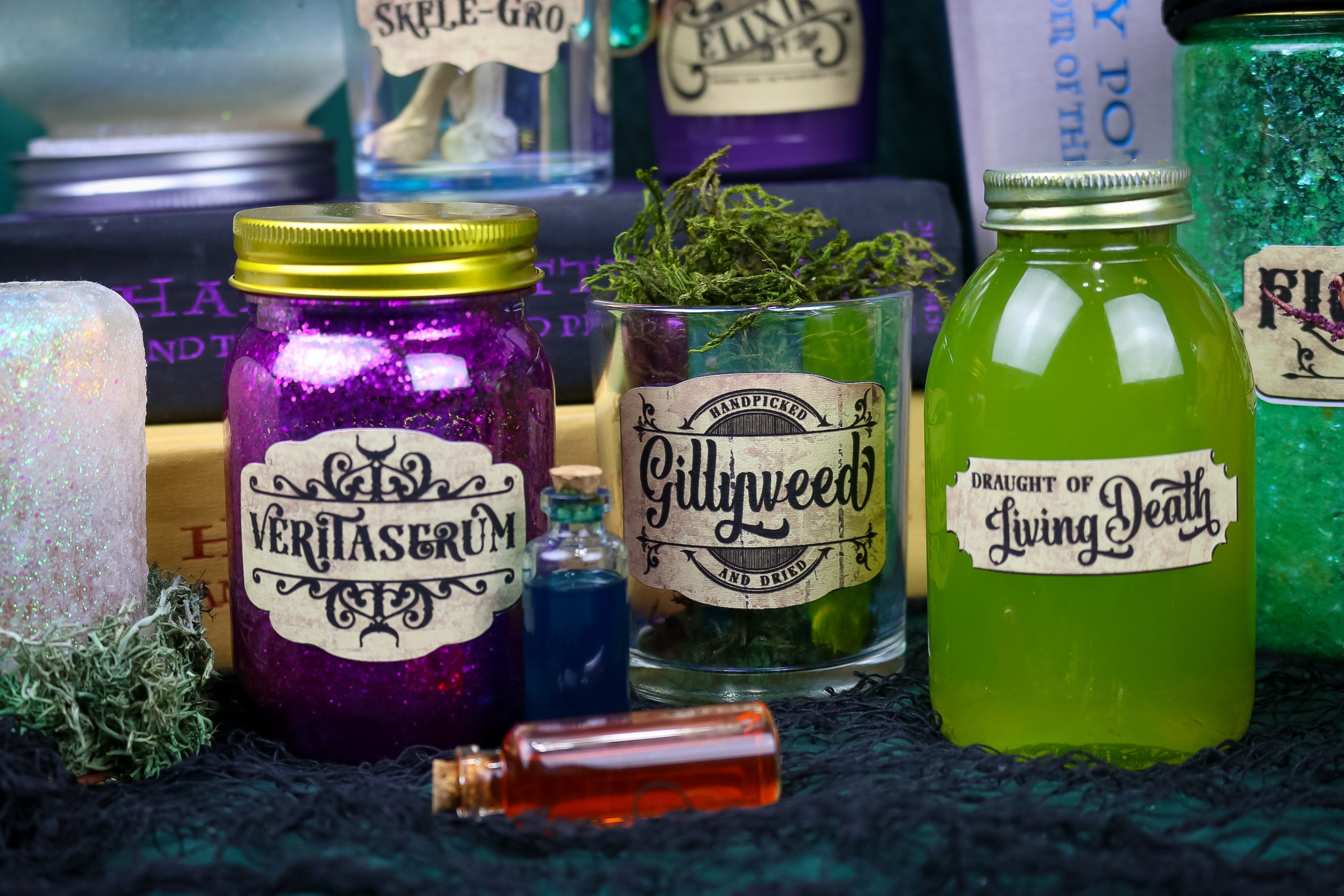 close up of Harry Potter potion labels on printable vinyl