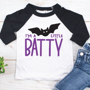 black and white child-sized t-shirt with I'm a Little Batty design