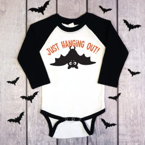 black and white onesie with Just Hanging Out SVG design