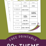Two printable scattergory game sheets on a green background