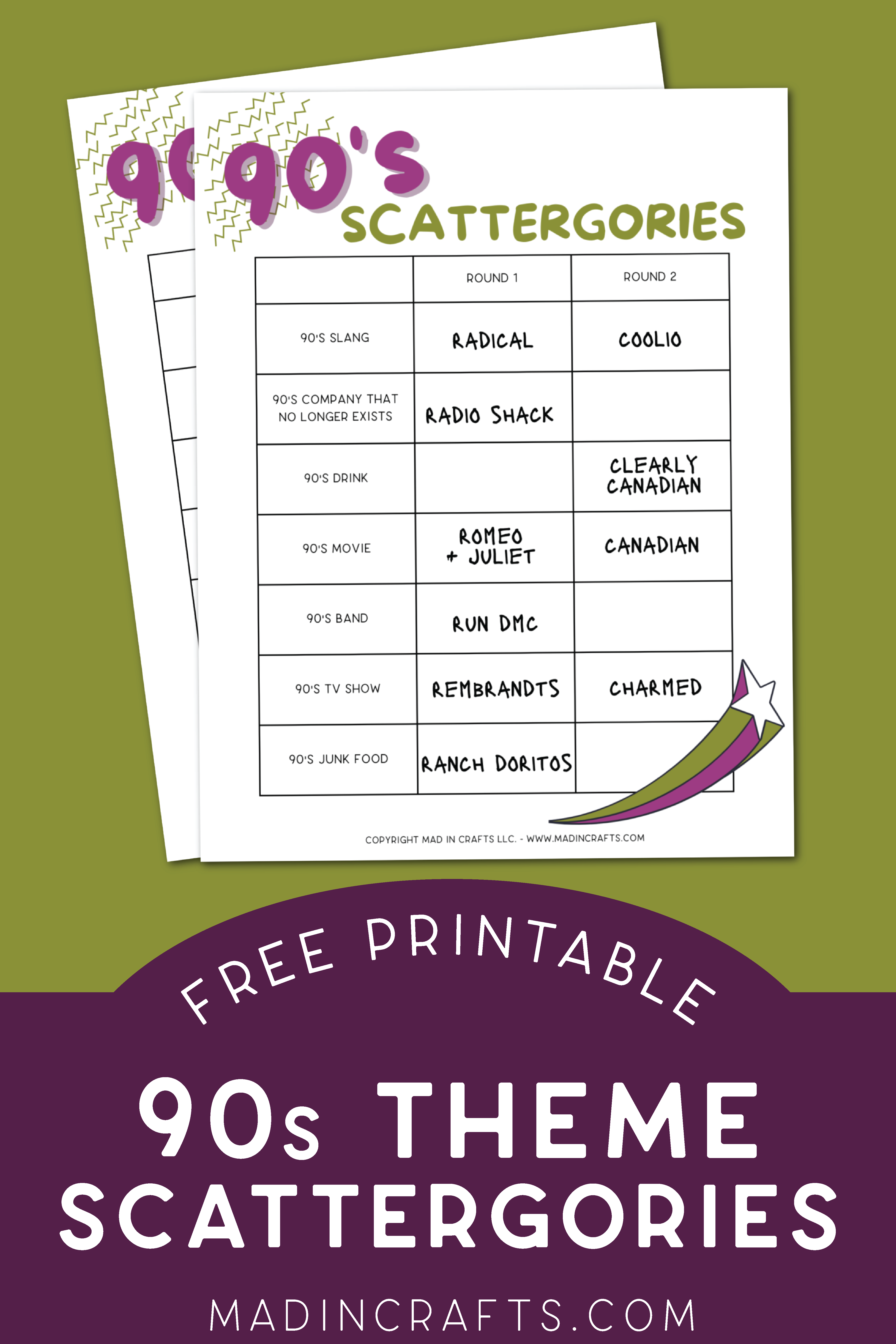 Two printable scattergory game sheets on a green background