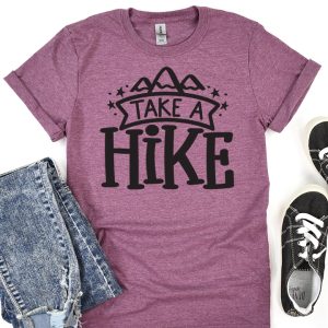 light purple shirt with Take a Hike design
