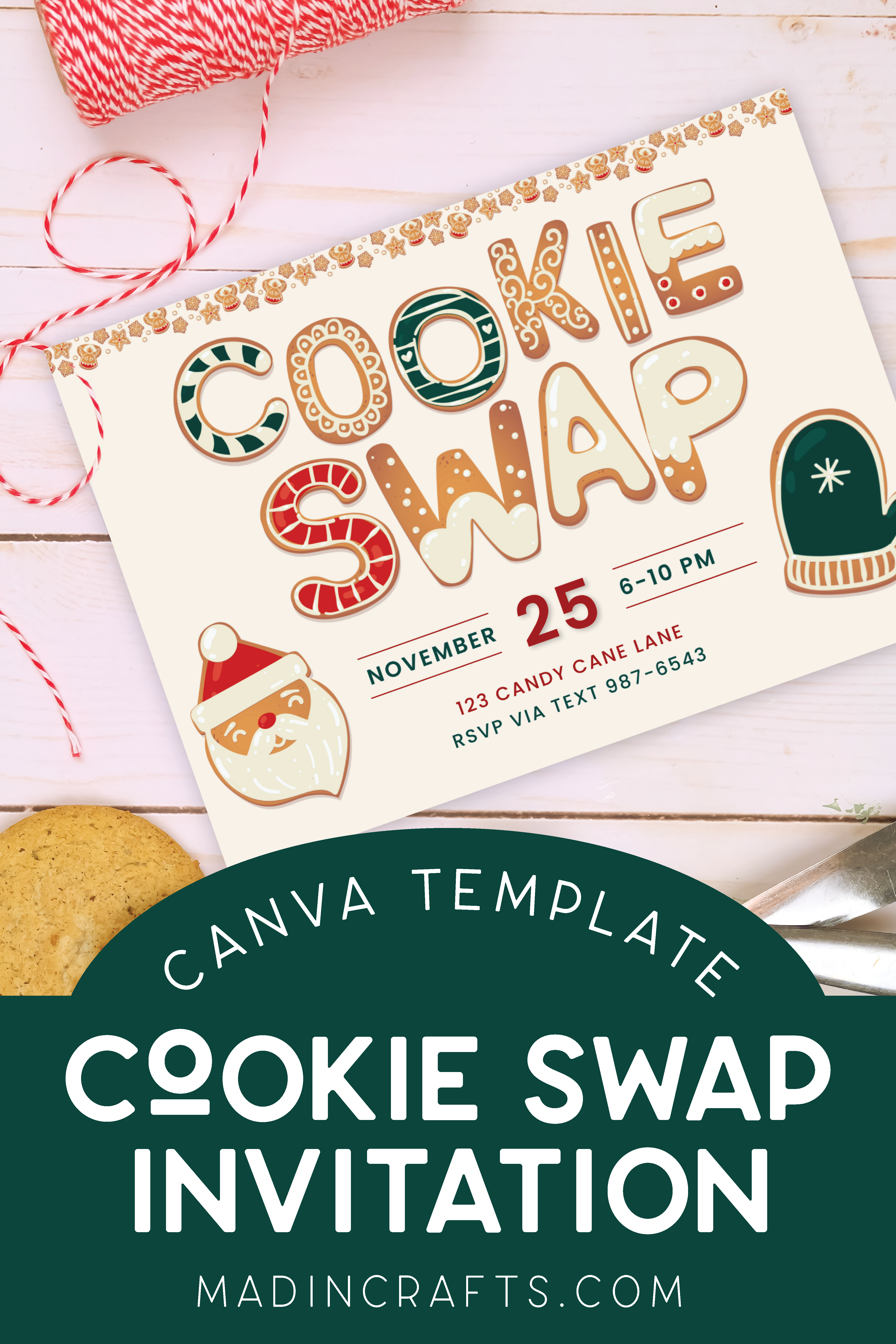 Cookie Swap Party Invitation surrounded by baker's twine and cookies