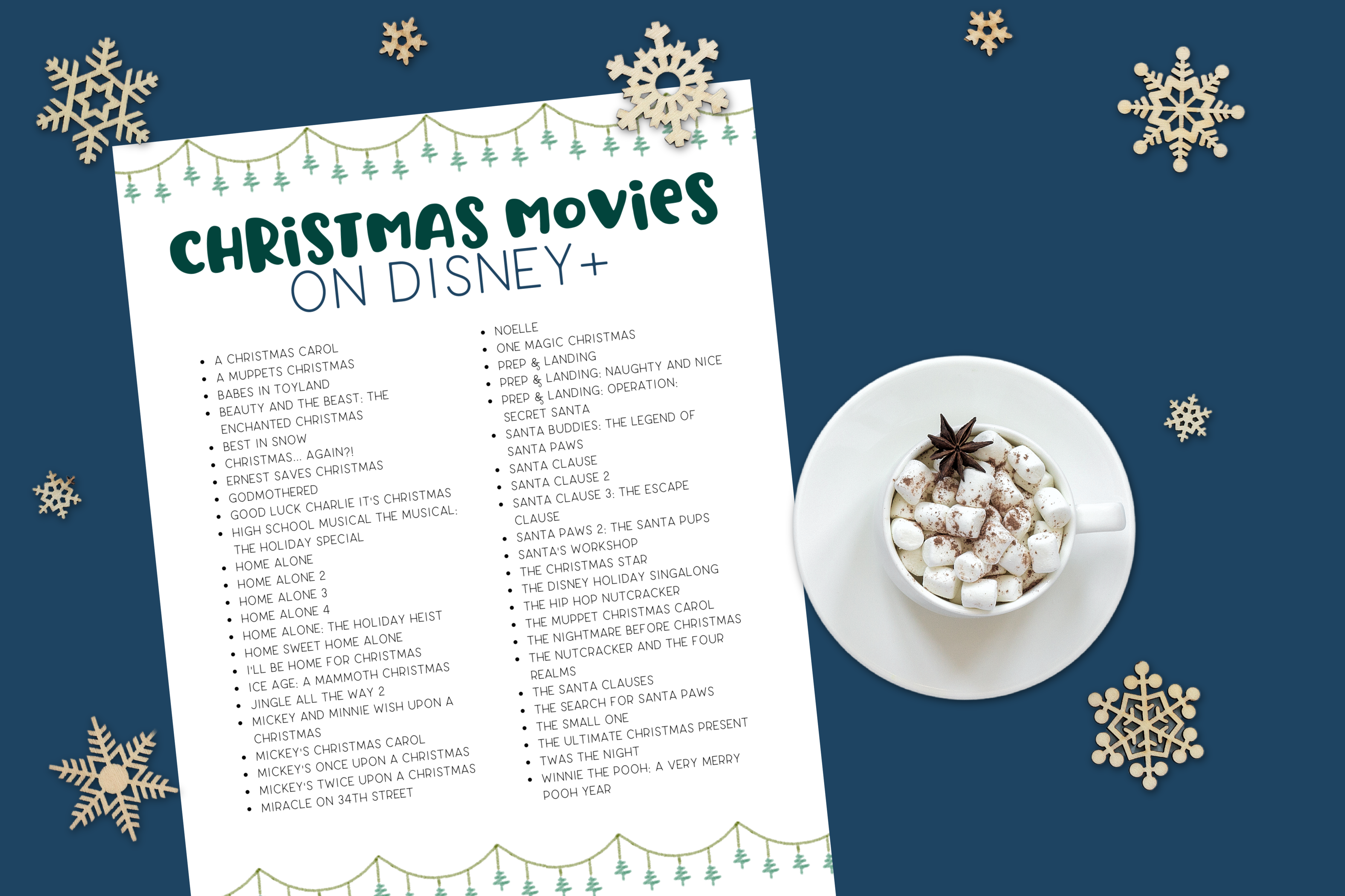 a christmas movies on Disney+ printable by a mug of cocoa with marshmallows