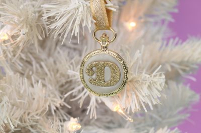 a letter D initial ornament hanging on a white tree