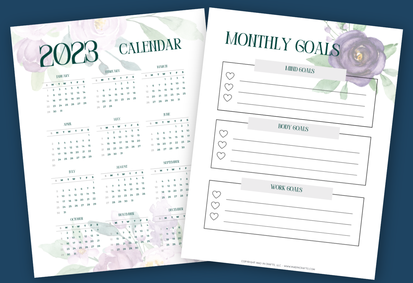 two printable planner pages on a blue background