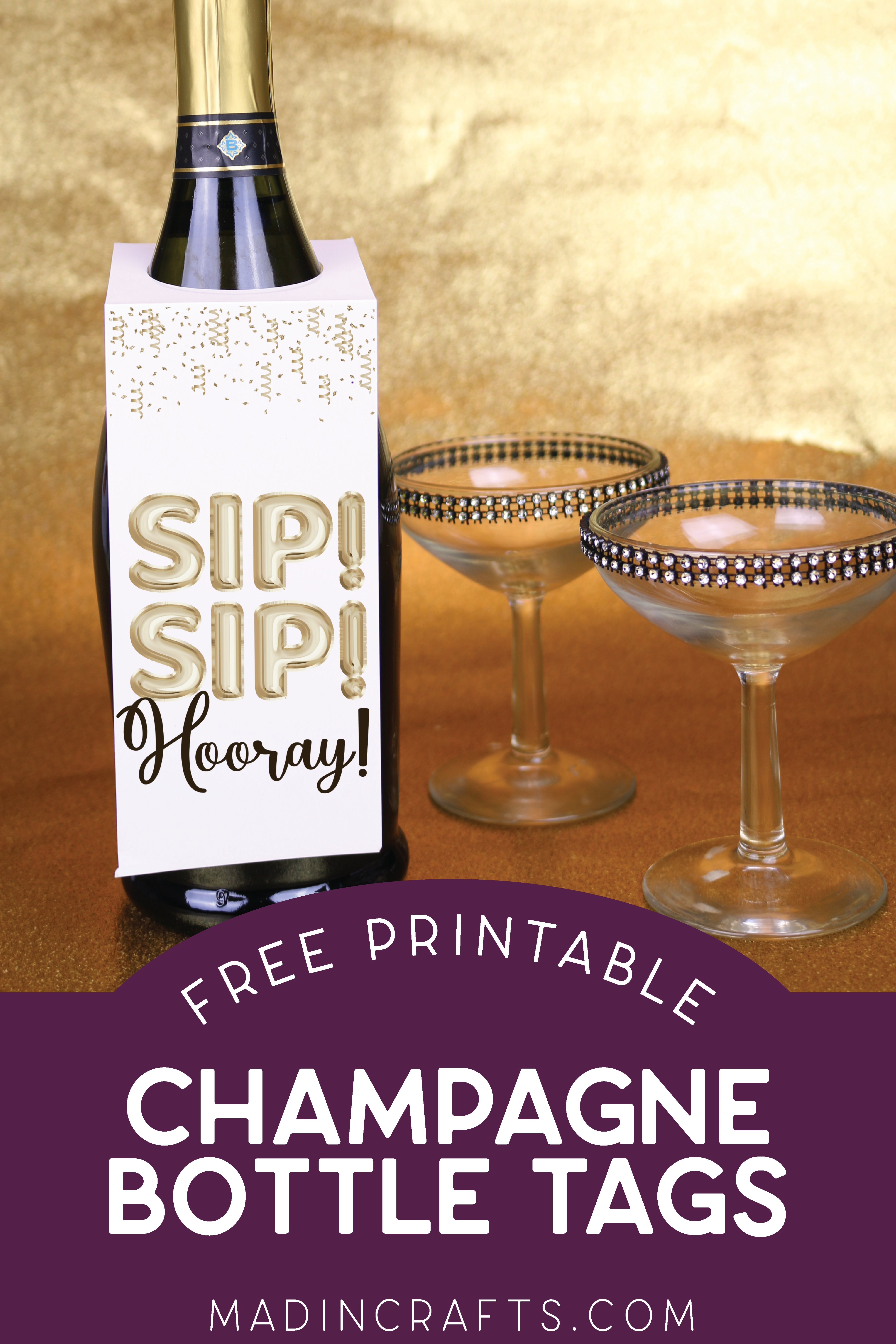 Champagne bottle with Sip! Sip! Hooray! bottle tag on a gold background