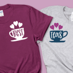 purple and grey coordinating shirts with Best and Teas designs