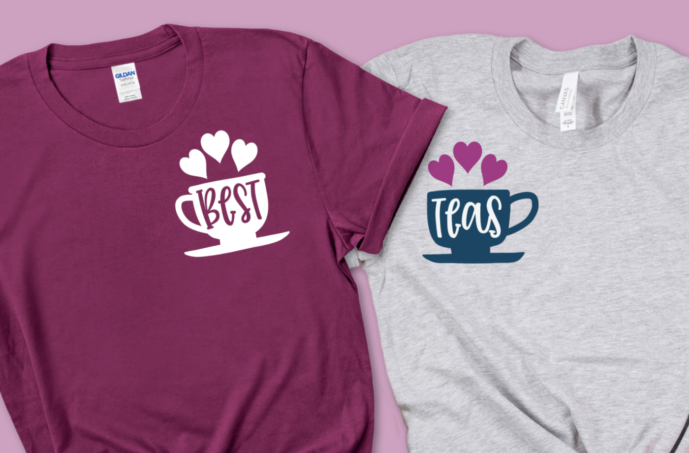 purple and grey coordinating shirts with Best and Teas designs