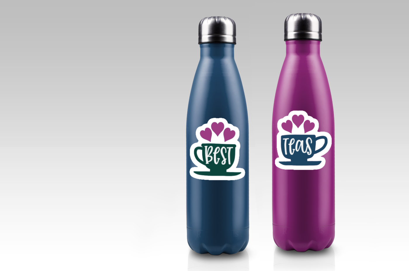 blue and purple waterbottles with Best-Teas stickers