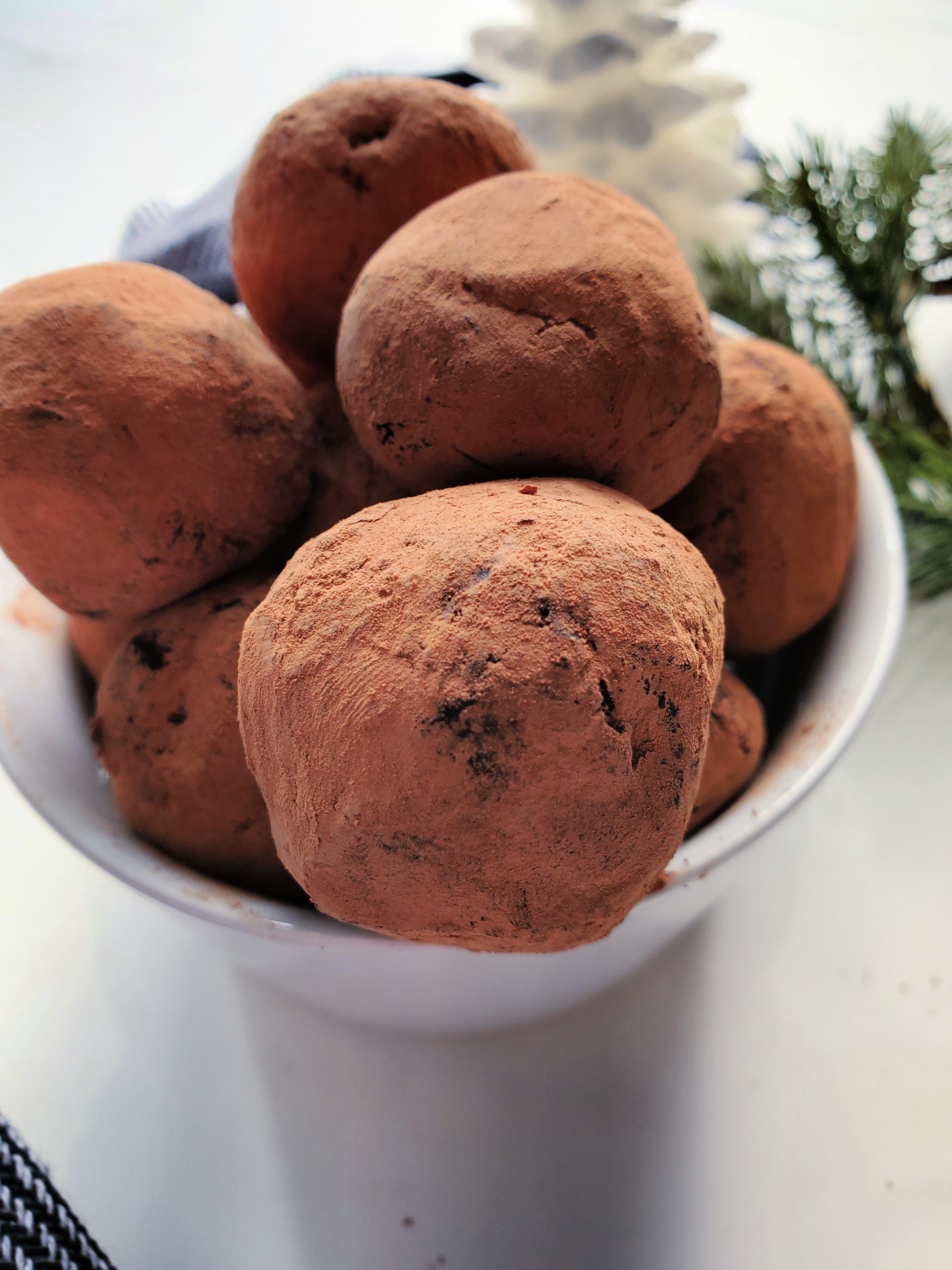 closeup of a dish of chocolate truffles