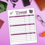 printable travel budget worksheet on a purple background near personal items like glasses and a phone