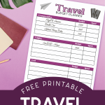 filled out printable travel budget worksheet on a purple background near a notepad
